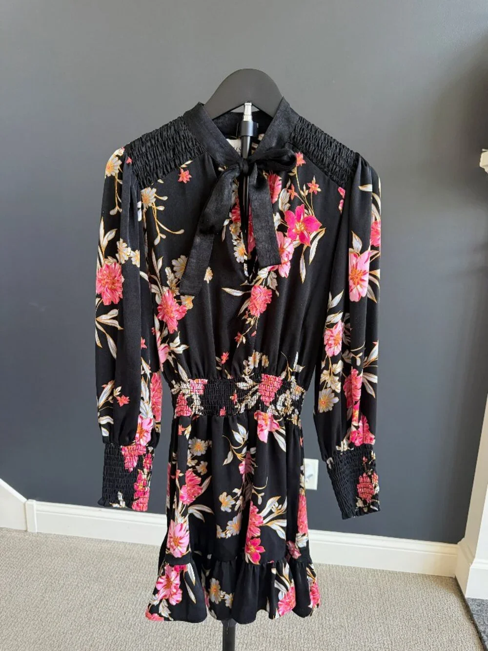 MISA Black Floral Smocked-Waist Mini Dress XS